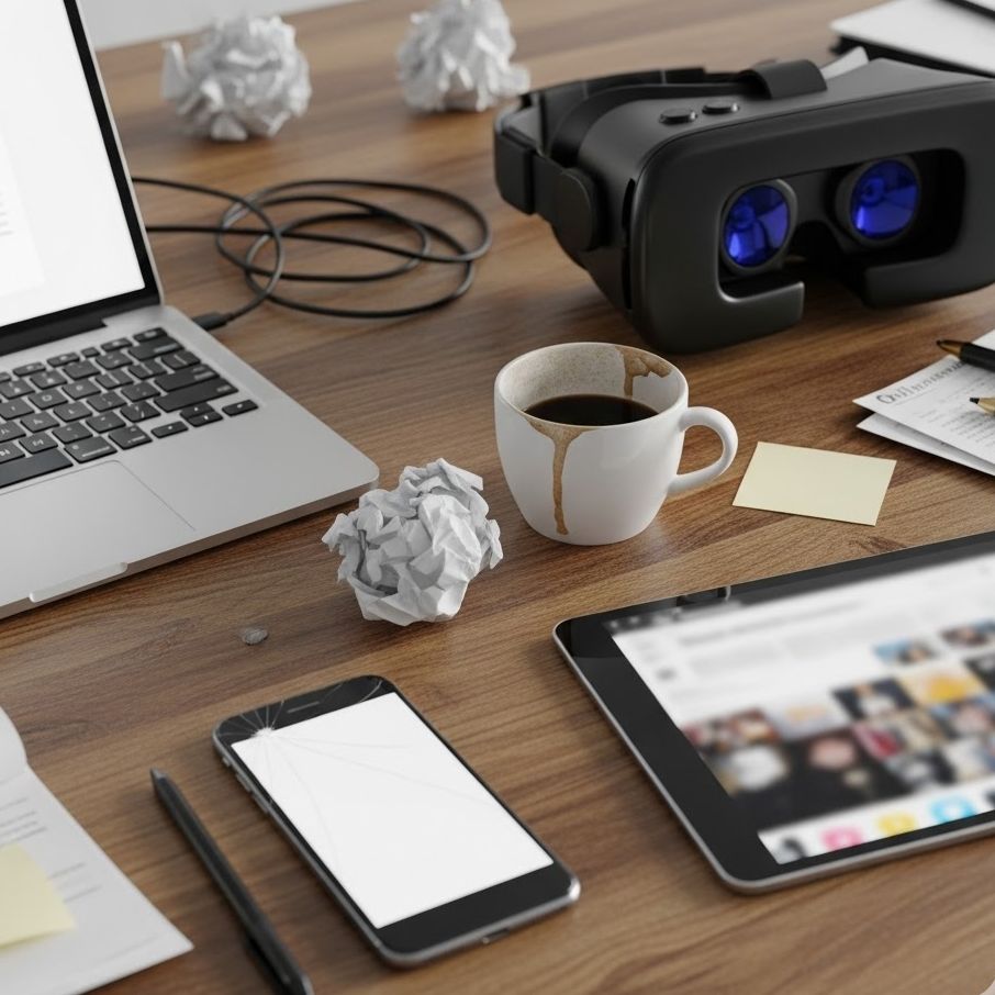 Mesa de escritório bagunçada com vários gadgets tecnológicos como notebook, tablet e headset VR espalhados e desconectados, ilustrando a falta de integração entre dispositivos.