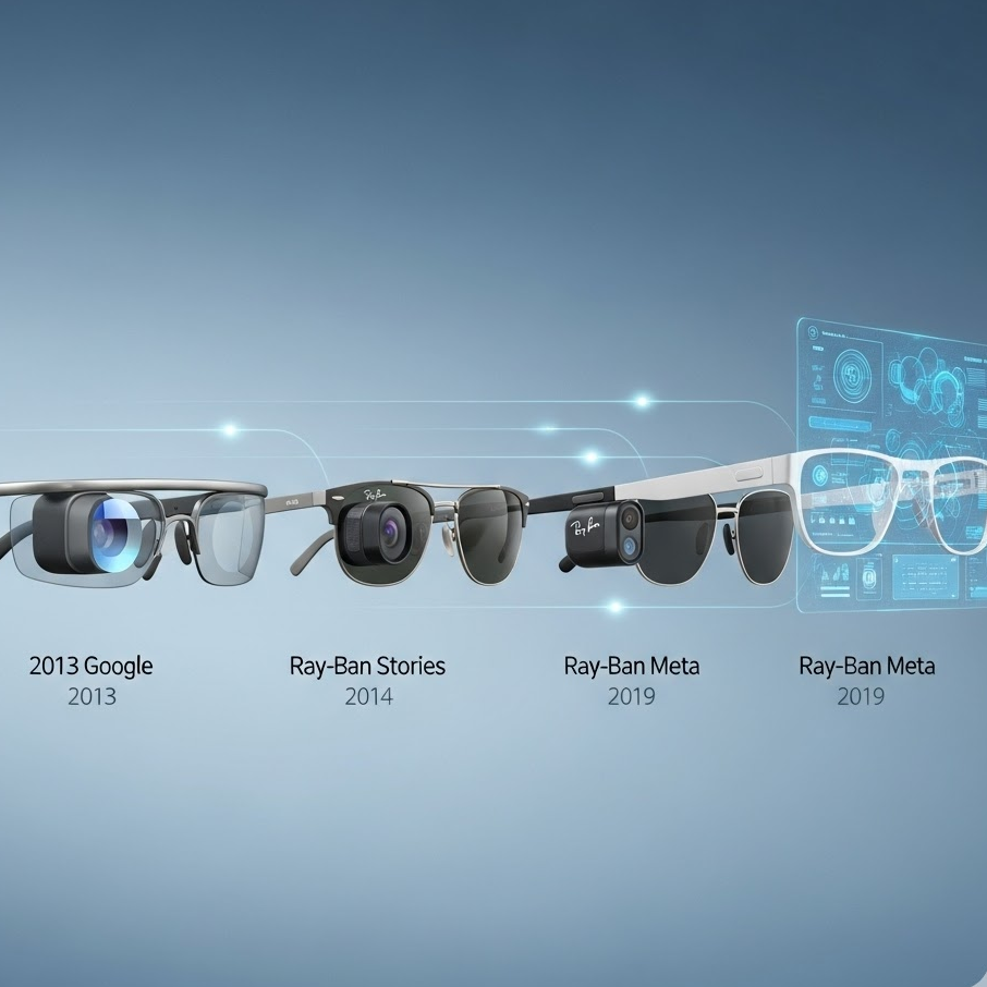 Infográfico visual mostrando a evolução dos óculos inteligentes, começando pelo Google Glass 2013, passando pelo Ray-Ban Stories e Ray-Ban Meta, até um modelo futurista com HUD holográfico.